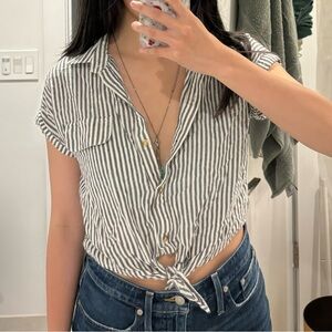 Cotton striped cropped button up with ties, L